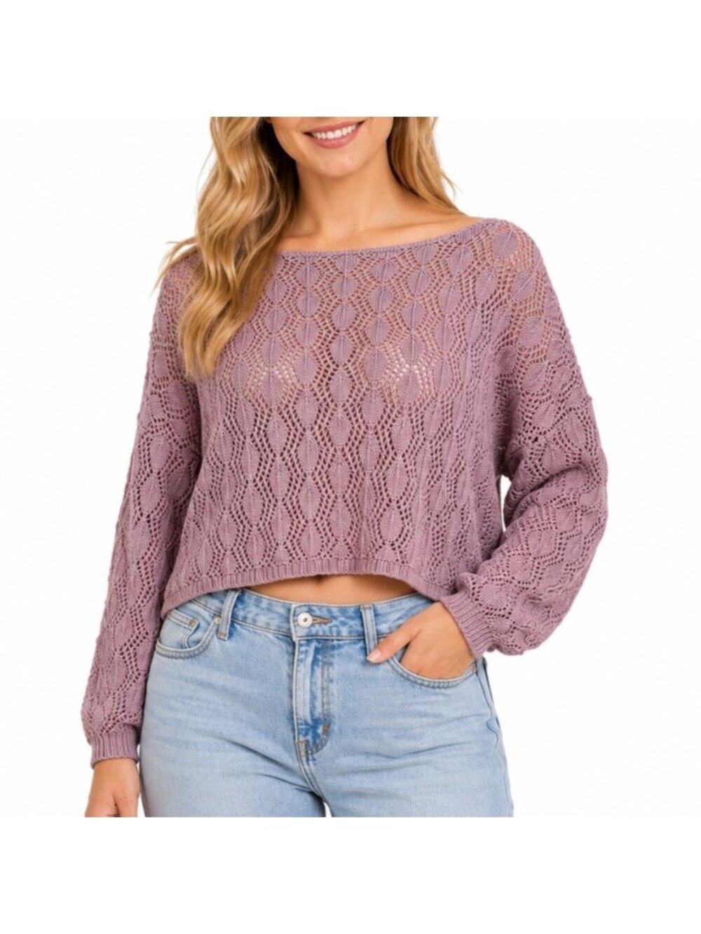 Pink Rose Women's XL Mauve Open Knit Sweater Boat Neck Drop Sleeve Crochet Top